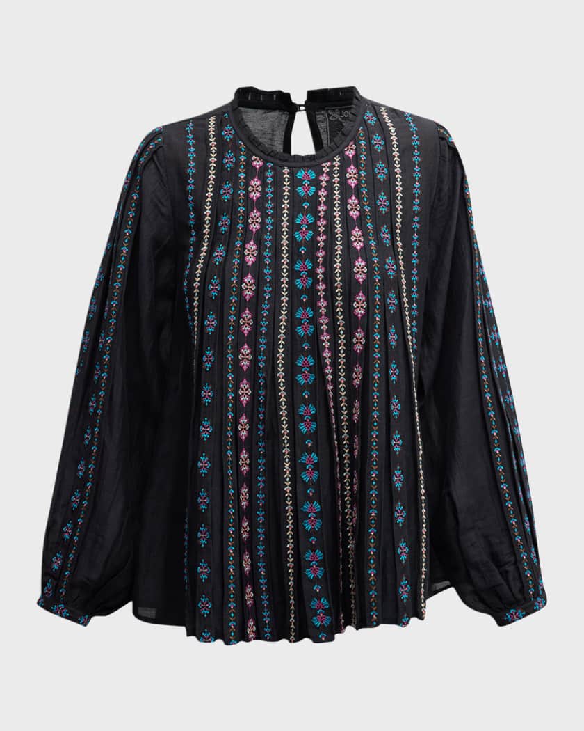 Johnny Was Calico Pleated Embroidered Ruffle Trim Blouse Neiman