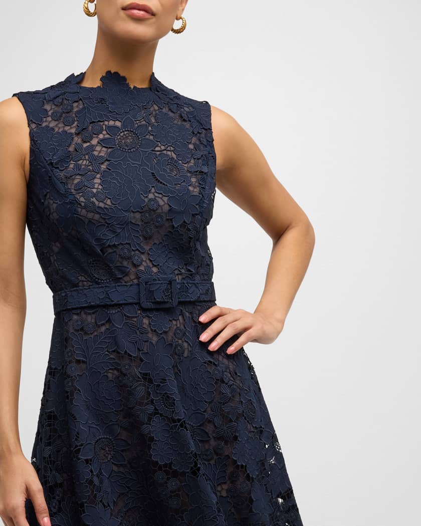 Oscar de la Renta Cap Sleeve Drop Waist Dress in Navy