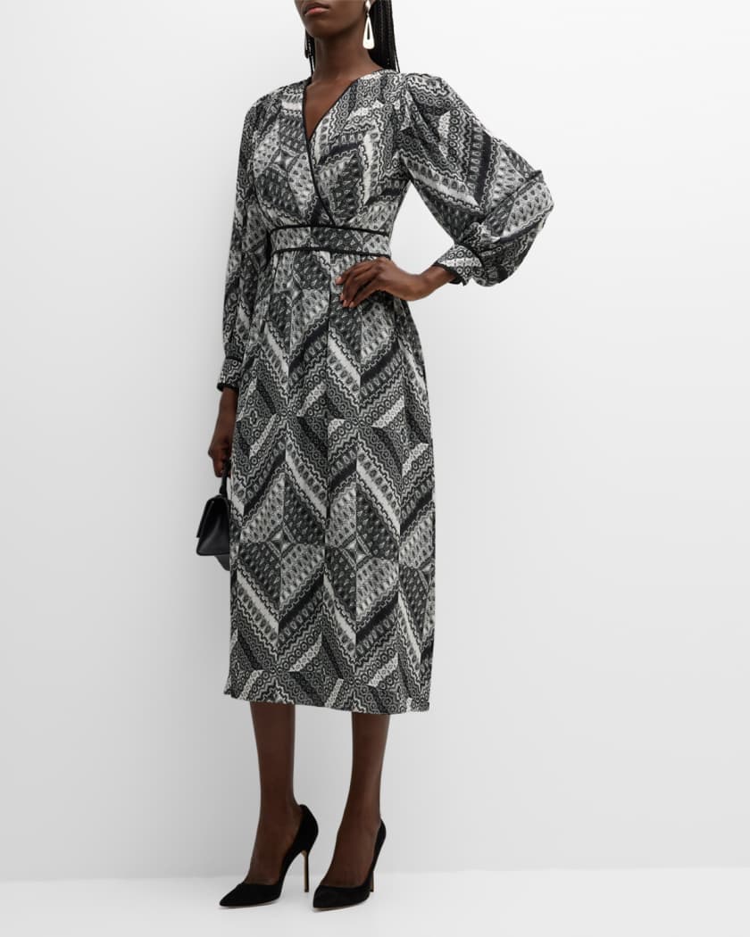 Caelan Geometric-Print Silk Midi Dress | Neiman Marcus