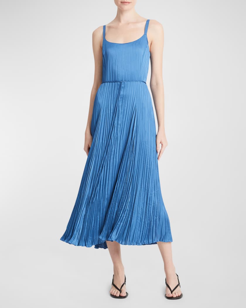 Pleated Crushed Satin Midi Slip Dress Neiman Marcus