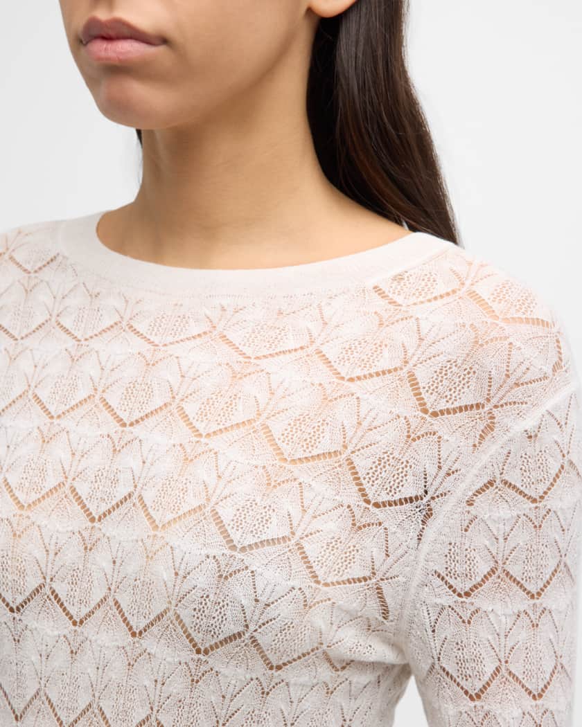 Vince Fine Lace 3 4 Sleeve Crewneck Top Neiman Marcus