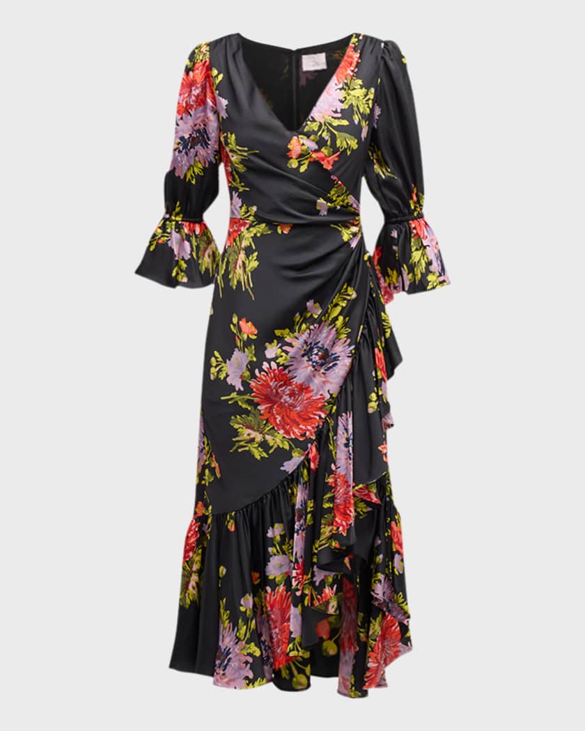 Theda Chrysanthemum Print Faux Wrap Midi Dress