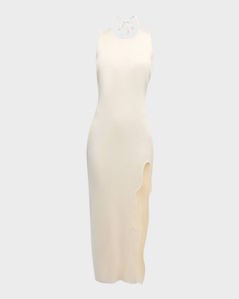 Hana Wavy Asymmetric Open Back Midi Knit Dress