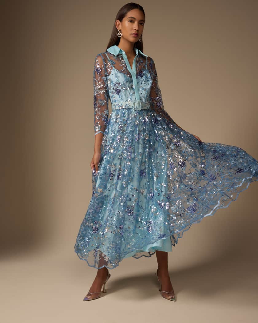 Floral Embroidered Tulle Shirt Gown by Badgley Mischka