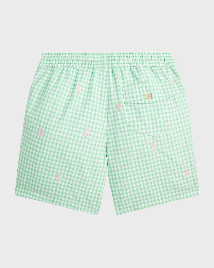 Boy s Embroidered Pony Gingham Traveler Swim Trunks Neiman Marcus