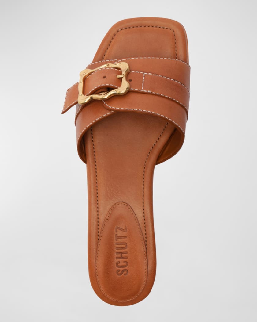 Wavy Leather Buckle Slide Sandals