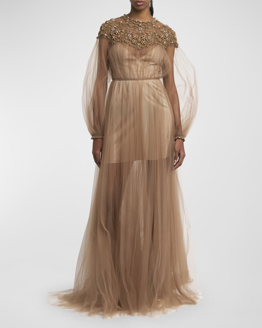 Crystal Embroidered Lace Long-Sleeve Pleated Tulle Gown