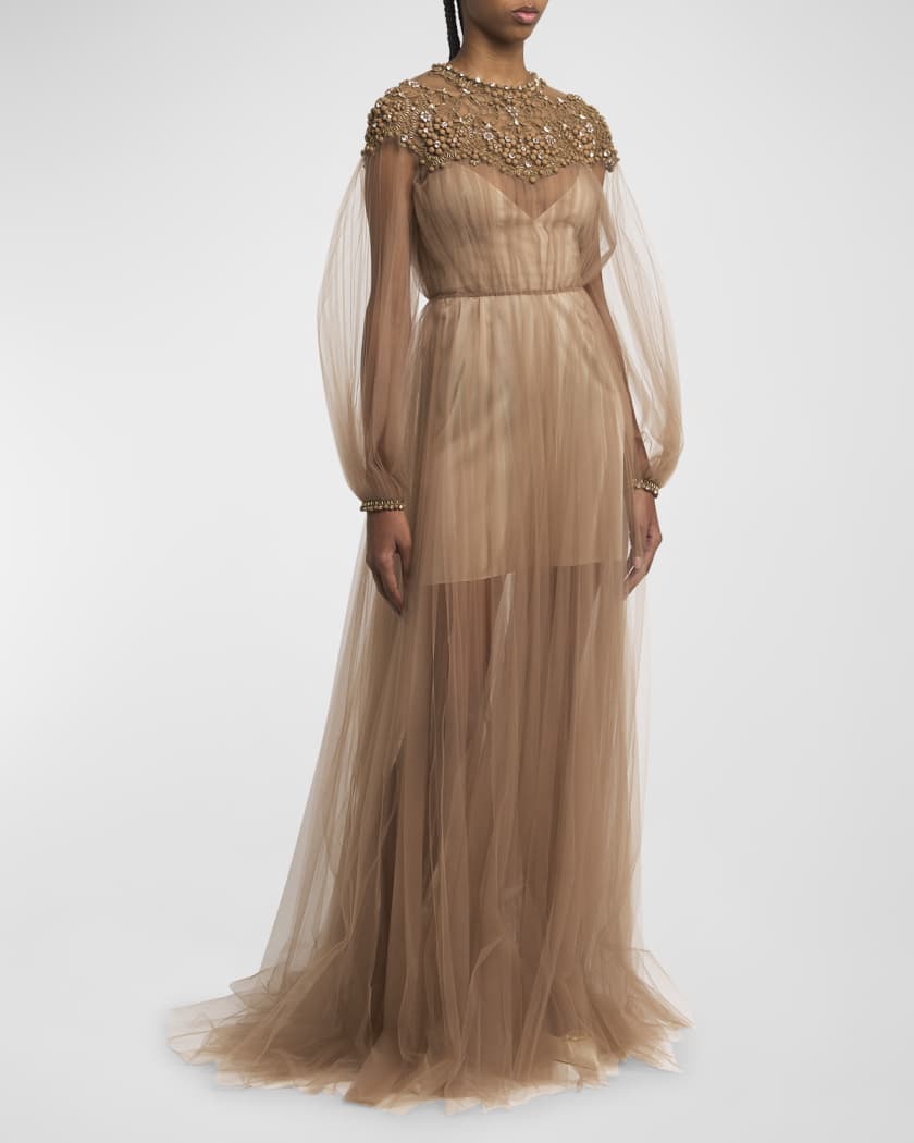 Crystal Embroidered Lace Long-Sleeve Pleated Tulle Gown
