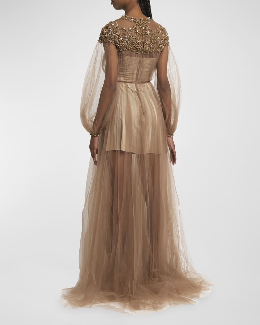 Crystal Embroidered Lace Long-Sleeve Pleated Tulle Gown