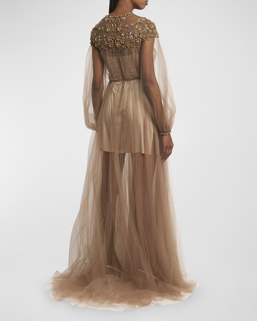 Crystal Embroidered Lace Long-Sleeve Pleated Tulle Gown