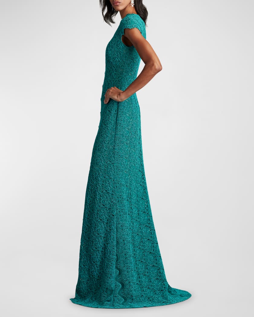 Cap-Sleeve A-Line Floral Lace Gown