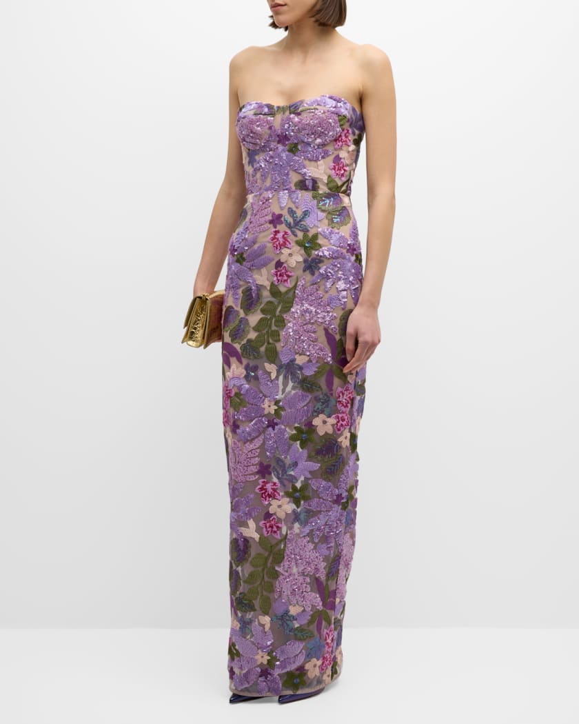 Dahlia Strapless Floral-Embroidered Sequin Gown
