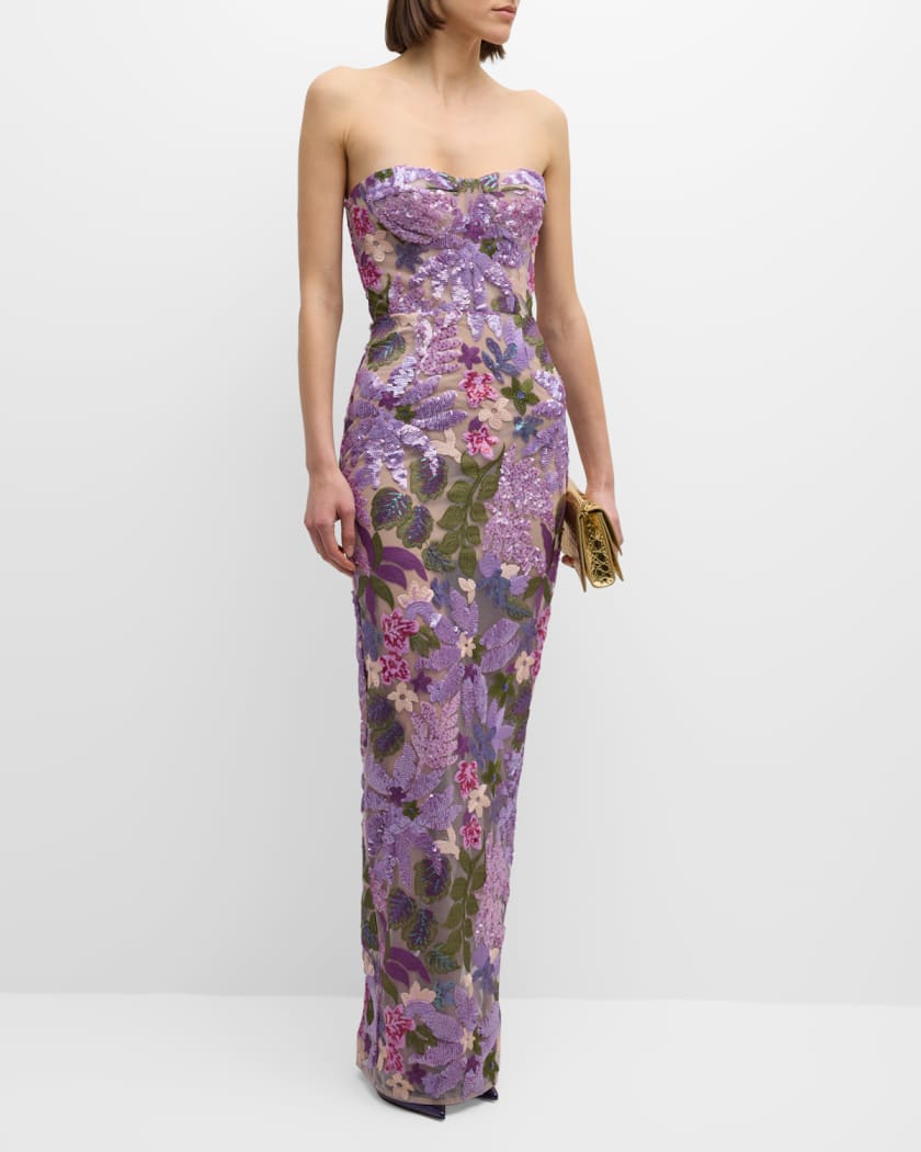 Dahlia Strapless Floral-Embroidered Sequin Gown