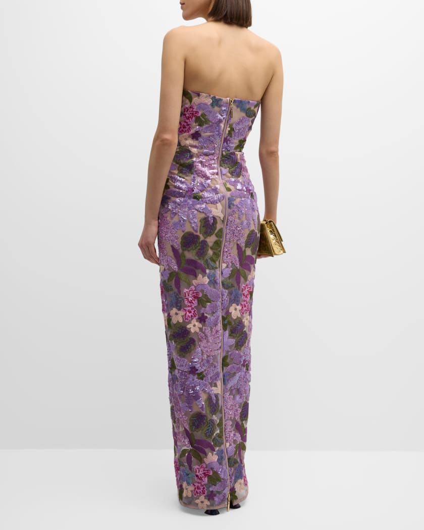 Dahlia Strapless Floral-Embroidered Sequin Gown