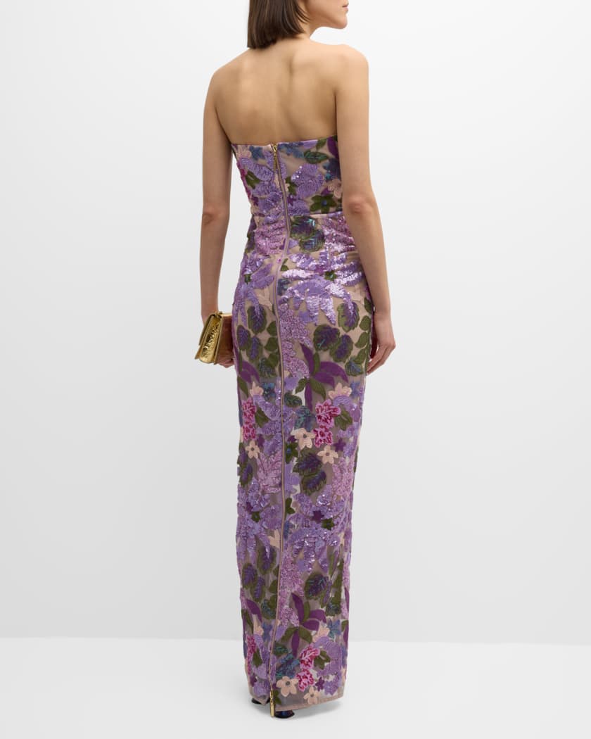 Dahlia Strapless Floral-Embroidered Sequin Gown