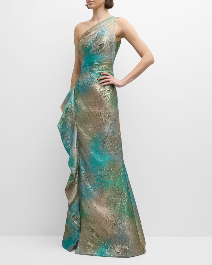 One-Shoulder Ruffle Metallic Jacquard Gown