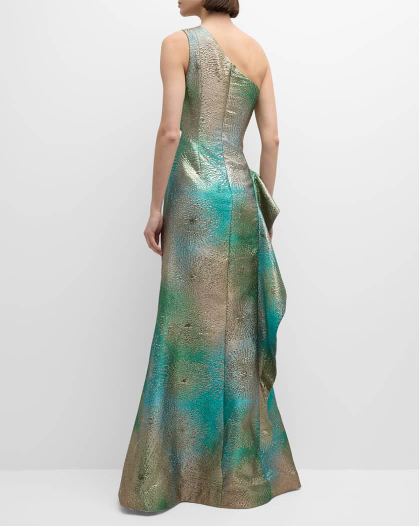 One-Shoulder Ruffle Metallic Jacquard Gown