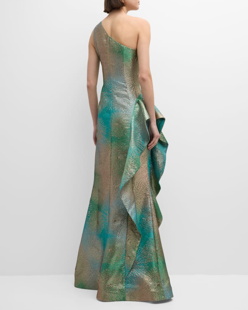 One-Shoulder Ruffle Metallic Jacquard Gown