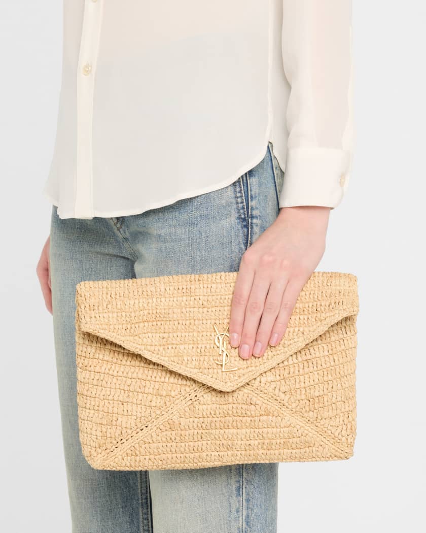 Large YSL Envelope Pouch Clutch Bag in Raffia & Leather