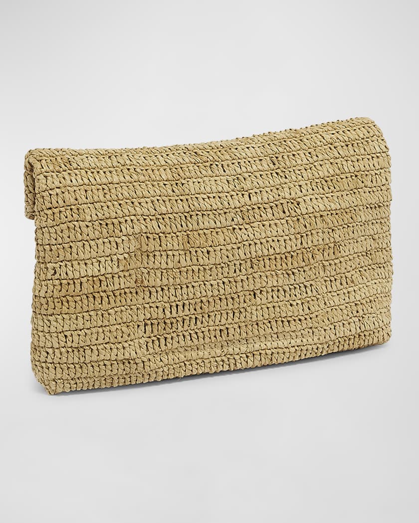 Large YSL Envelope Pouch Clutch Bag in Raffia & Leather