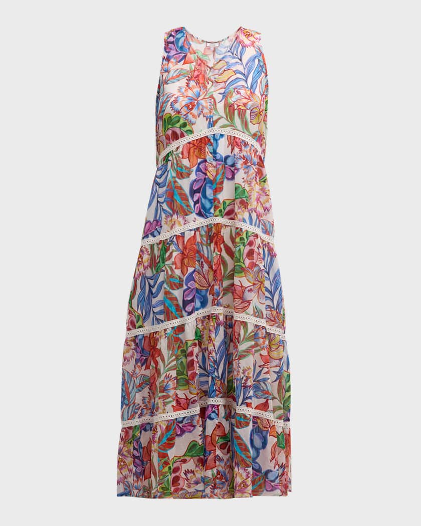 Johnny Was Tiered Lace Trim Floral Print Midi Dress Neiman Marcus