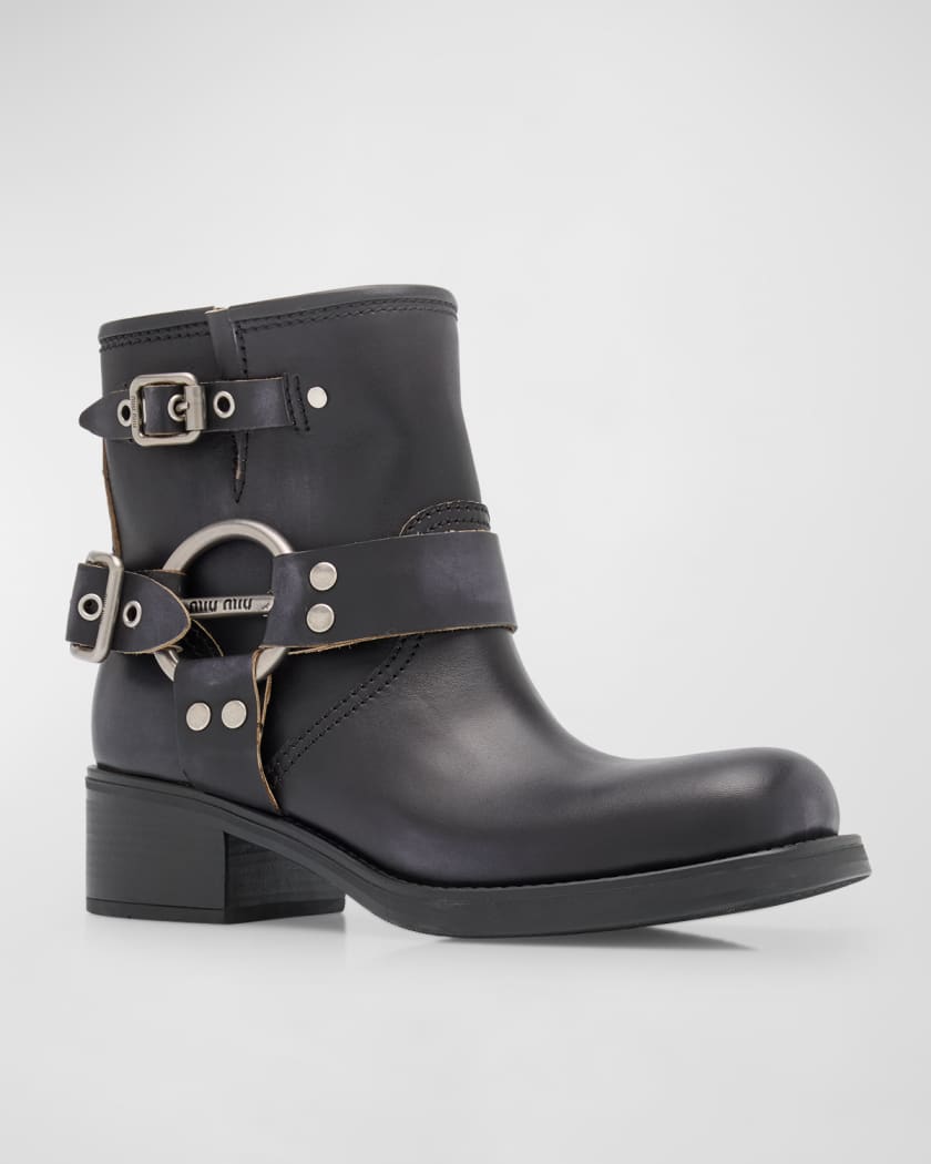 Miu Miu Leather Harness Buckle Biker Ankle Boots | Neiman Marcus