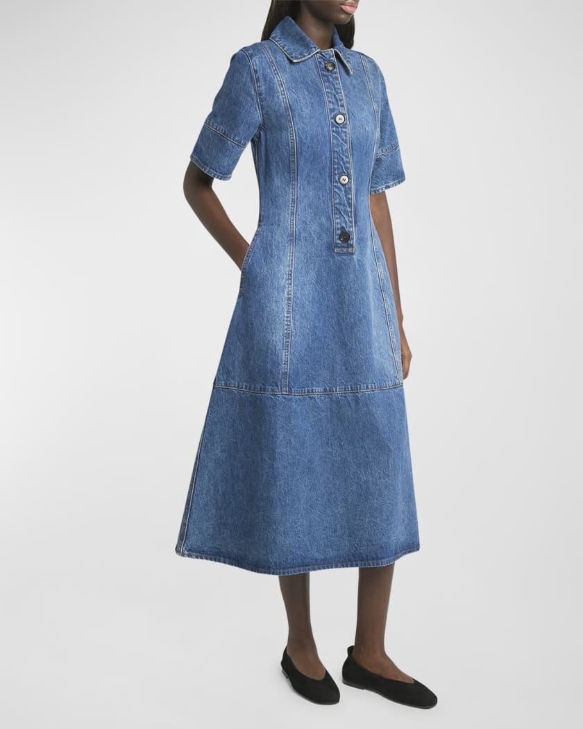 Half-Placket Short-Sleeve Denim Mini Shirtdress