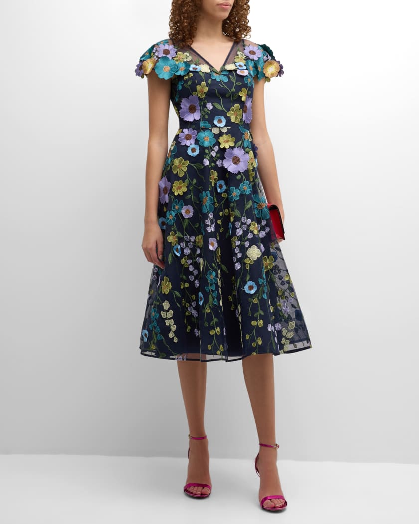 A-Line Floral-Embroidered Tulle Midi Dress
