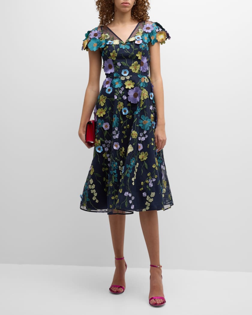 A-Line Floral-Embroidered Tulle Midi Dress