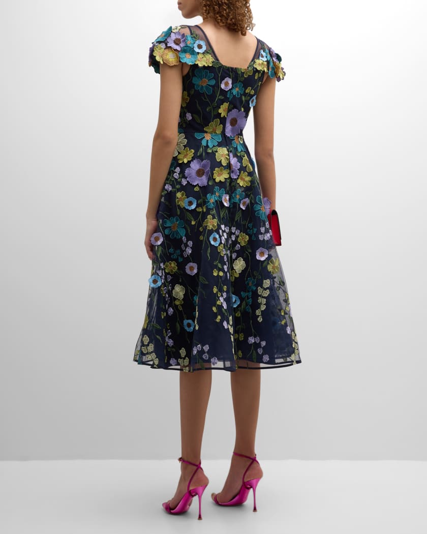 A-Line Floral-Embroidered Tulle Midi Dress