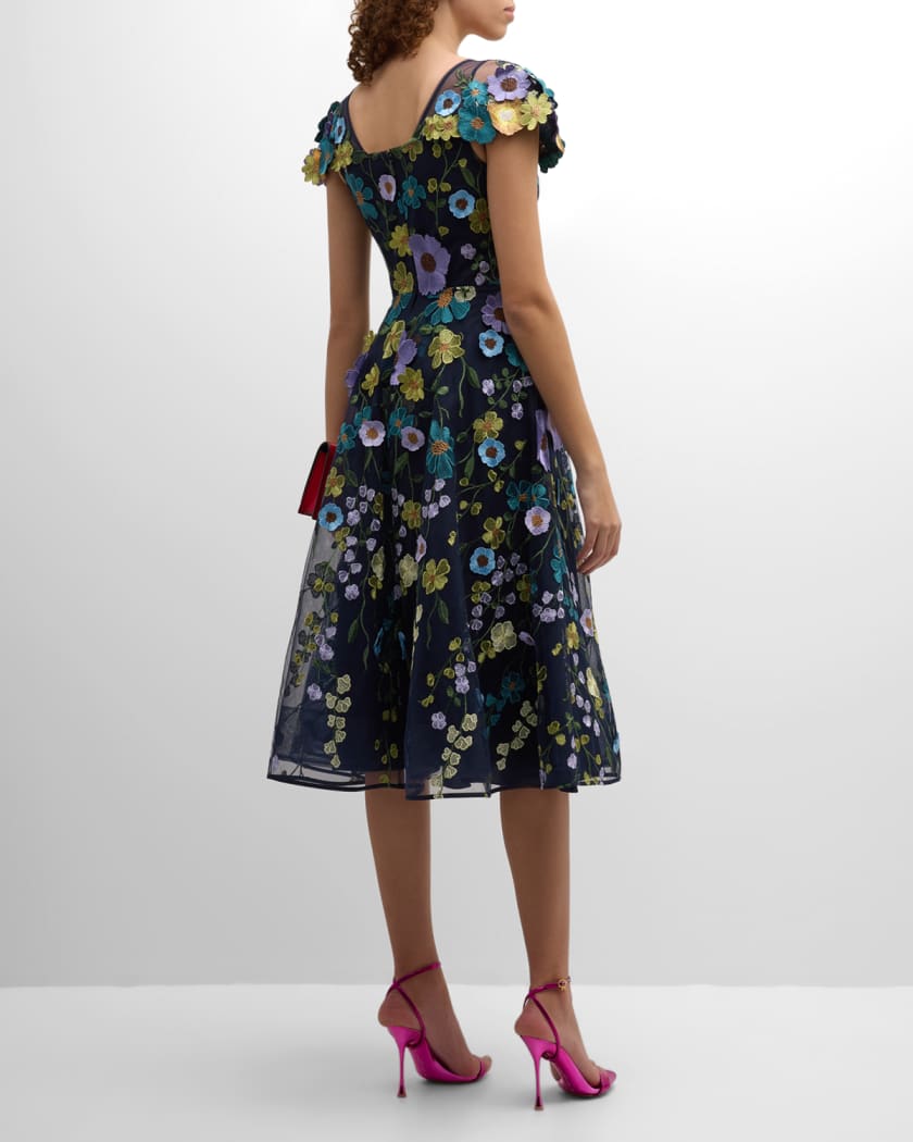 A-Line Floral-Embroidered Tulle Midi Dress