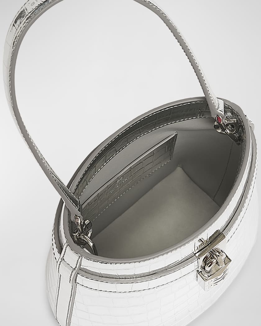 Shark Lock Bucket Bag in Metallic Croc-Embossed Leather
