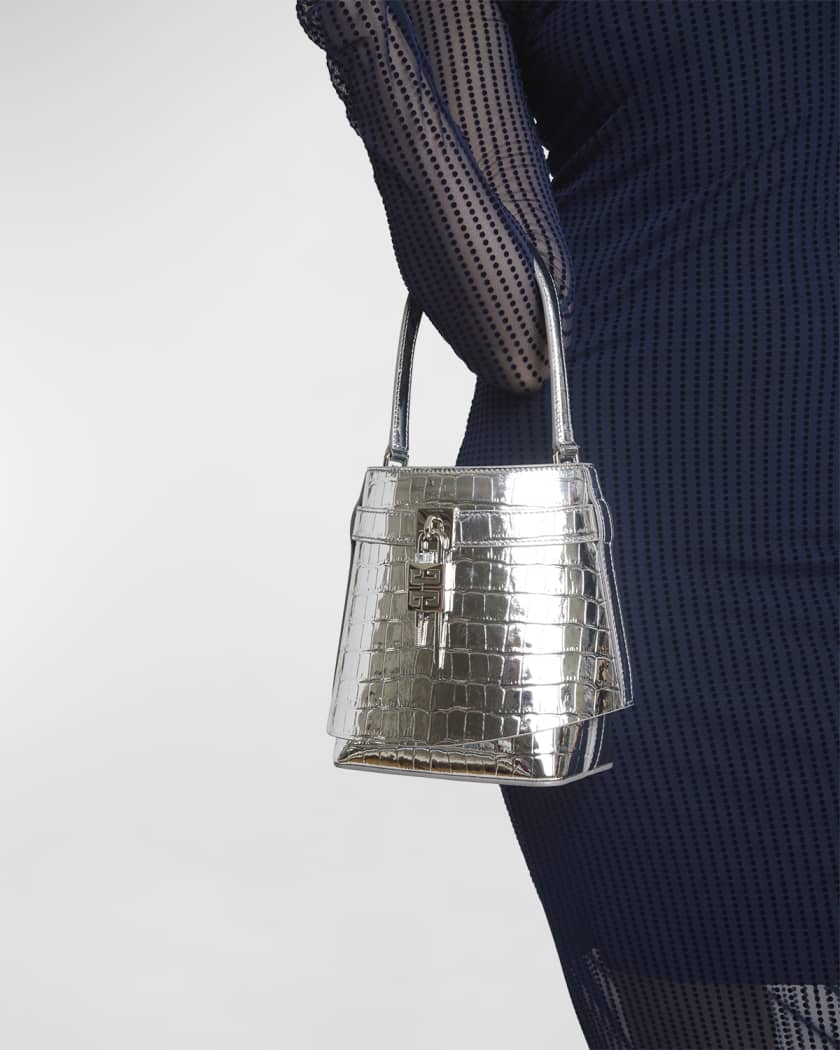 Shark Lock Bucket Bag in Metallic Croc-Embossed Leather