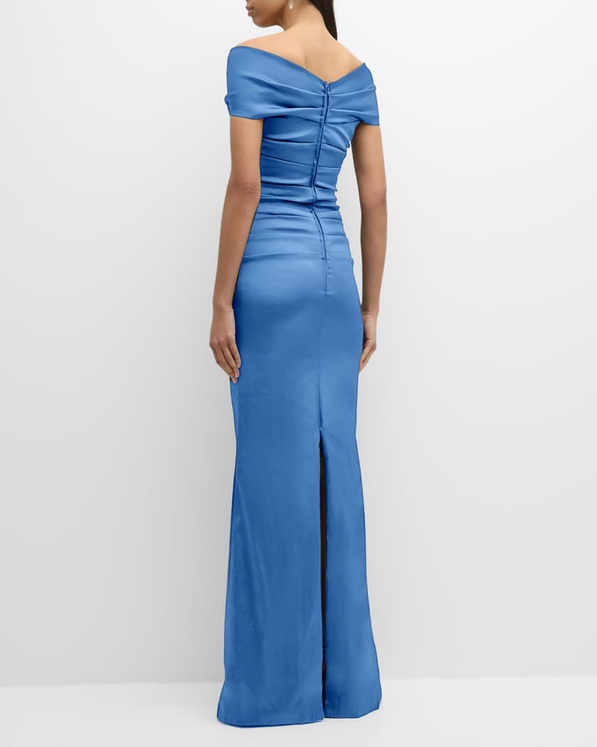 Pleated Off-Shoulder Satin Column Gown