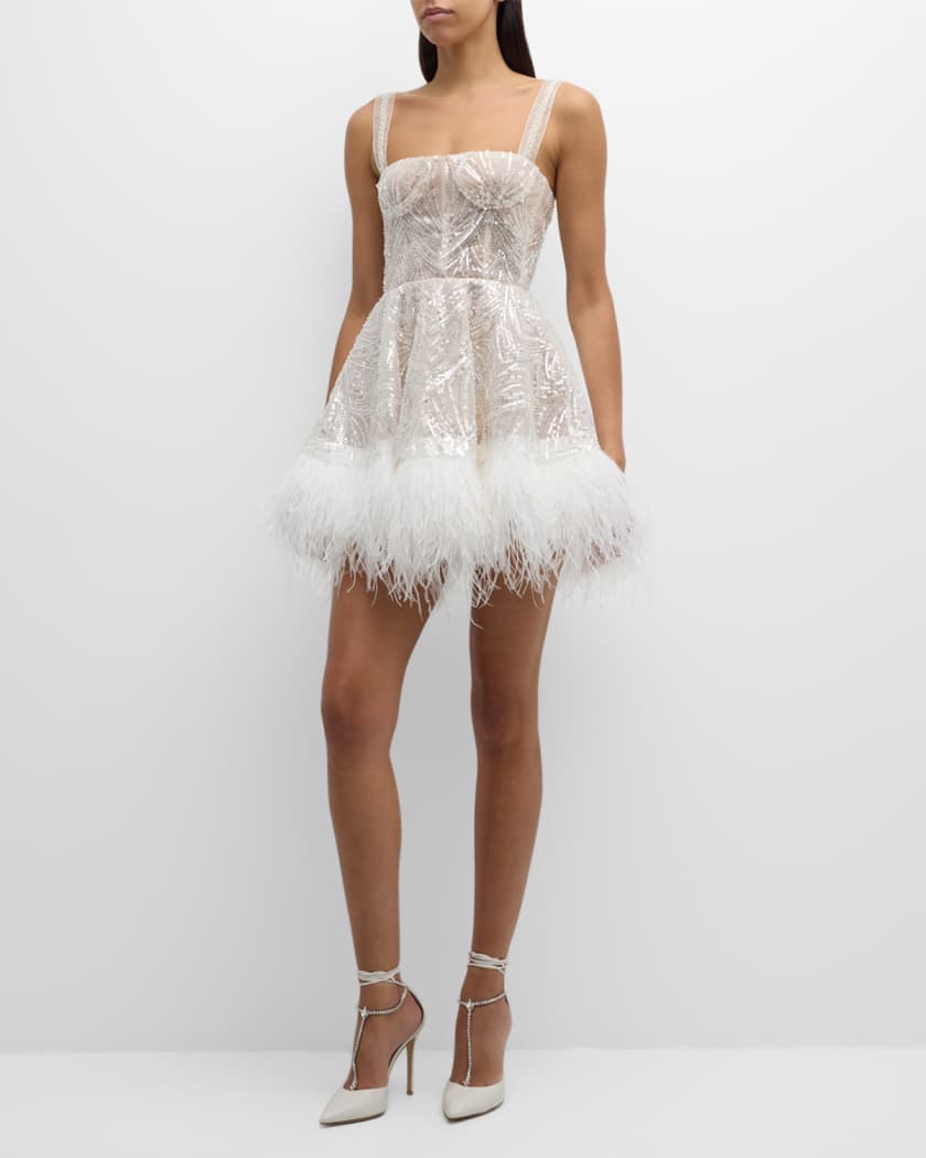 Mademoiselle Beaded Feather-Trim Mini Dress