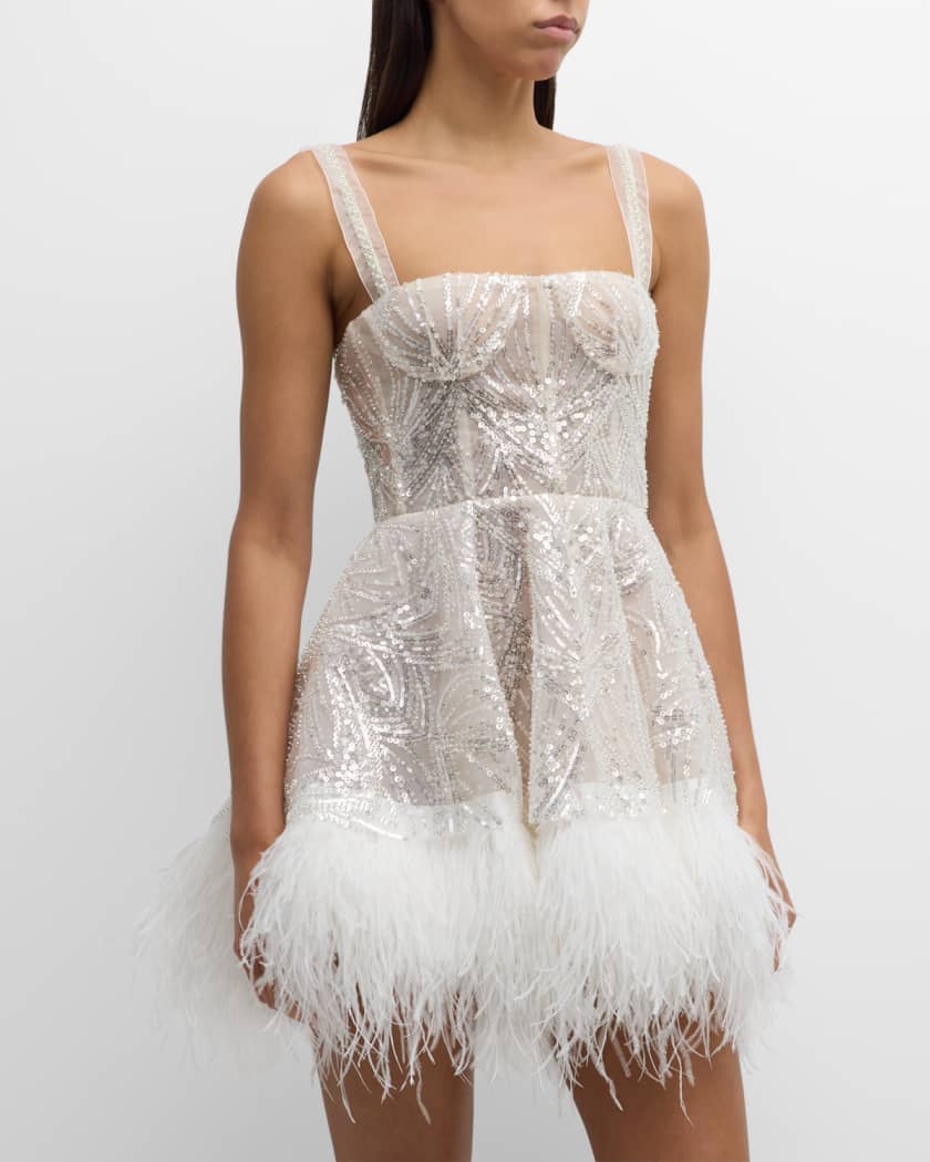 Mademoiselle Beaded Feather-Trim Mini Dress