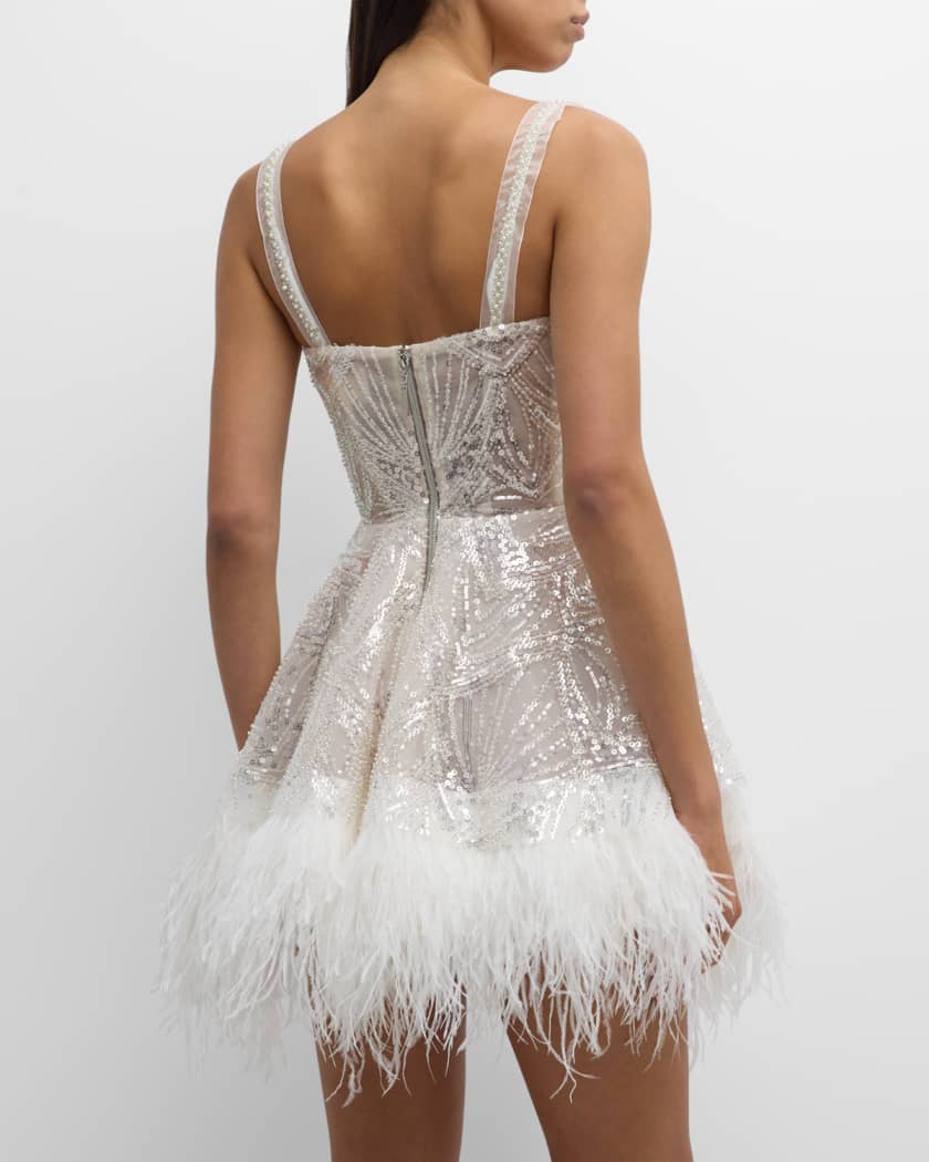 Mademoiselle Beaded Feather-Trim Mini Dress