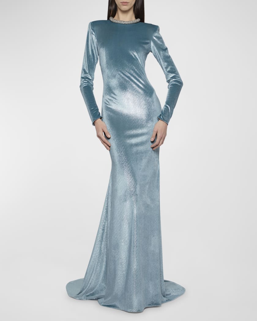 Crystal Choker Long-Sleeve Strong-Shoulder Metallic Velvet Gown