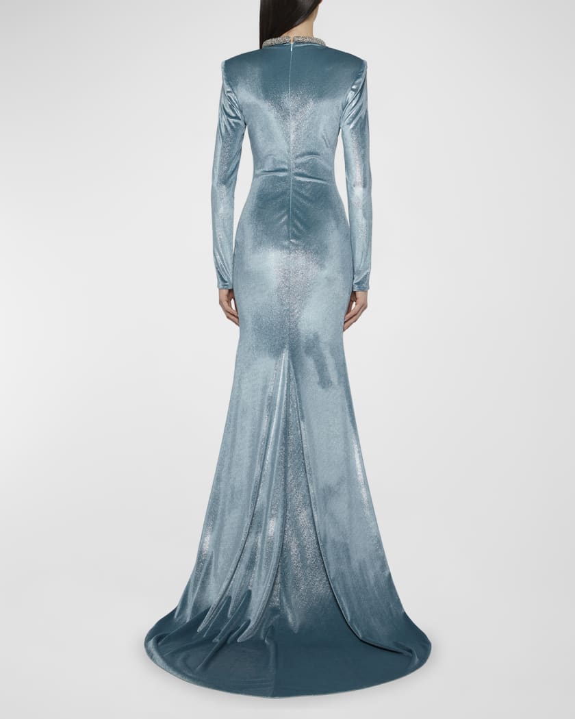Crystal Choker Long-Sleeve Strong-Shoulder Metallic Velvet Gown