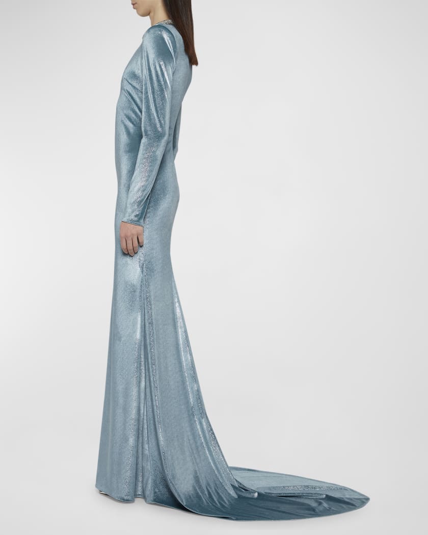Crystal Choker Long-Sleeve Strong-Shoulder Metallic Velvet Gown