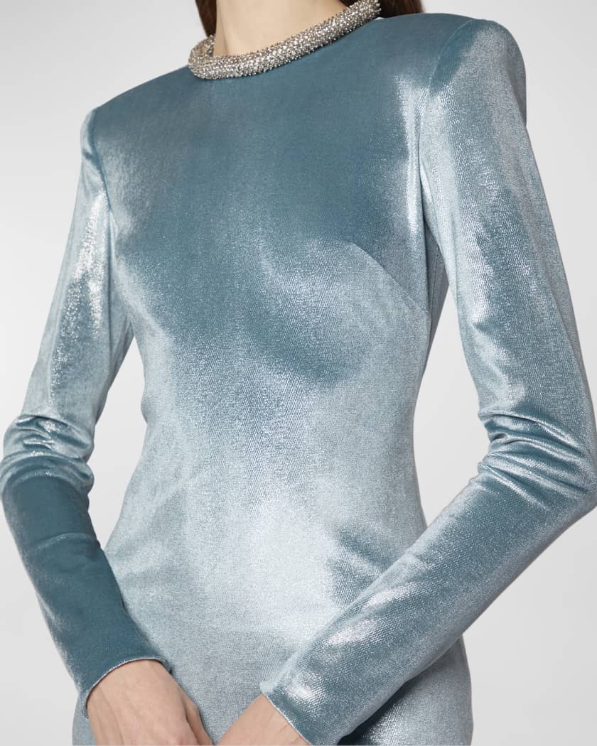 Crystal Choker Long-Sleeve Strong-Shoulder Metallic Velvet Gown