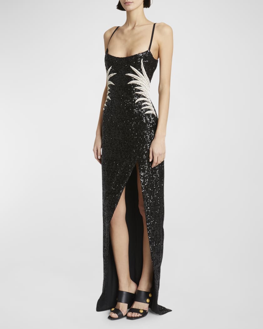 Sequin Embroidered Palm Tree Gown with Slit