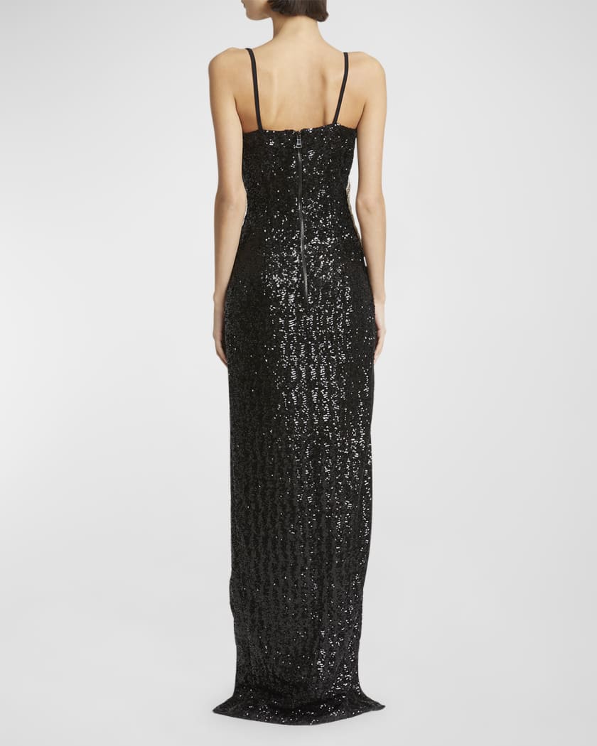 Sequin Embroidered Palm Tree Gown with Slit
