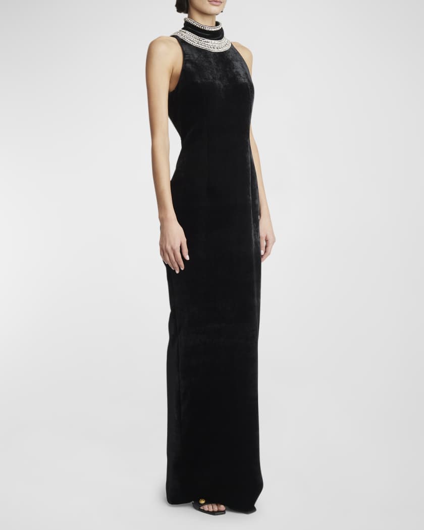 Velvet Open Back Gown with Crystal Embroidery