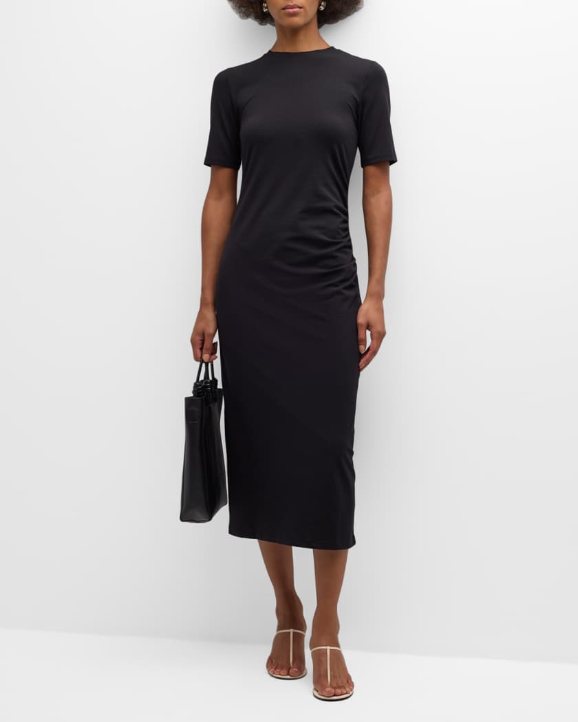 Short-Sleeve Side Drape Midi Dress