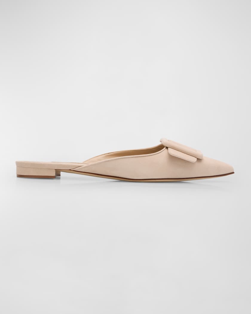 Manolo Blahnik Maysale Suede Buckle Ballerina Mules Neiman Marcus