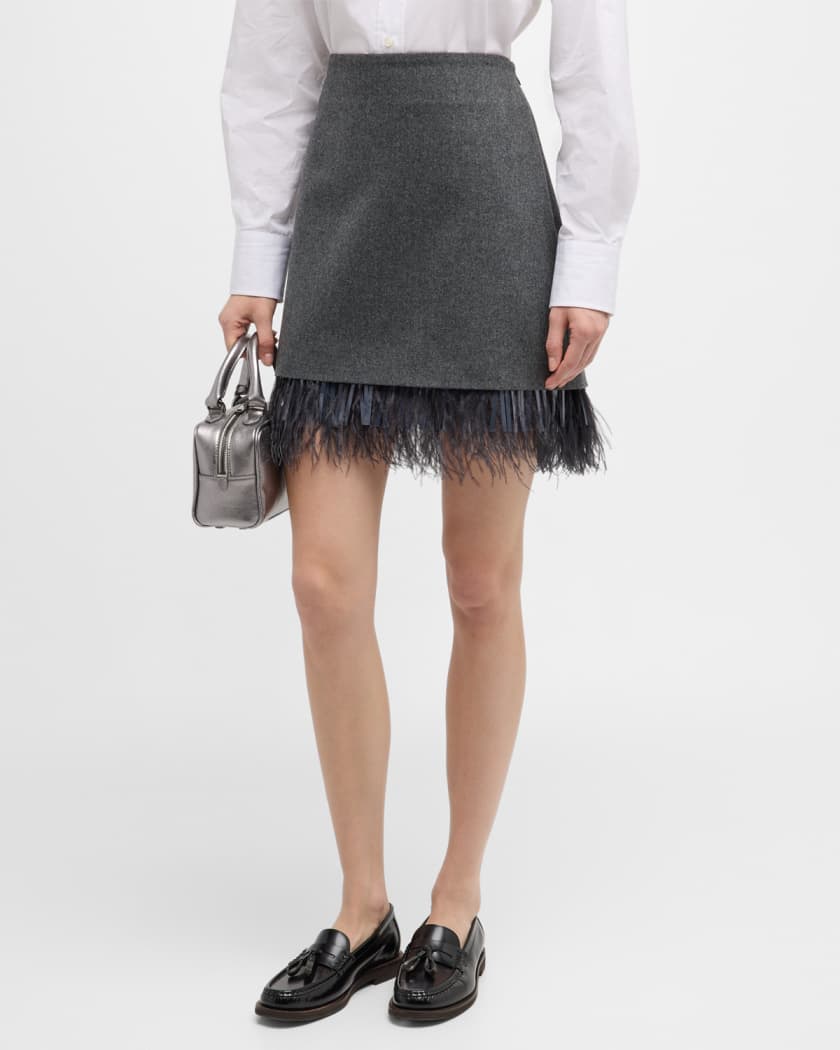 Feather-Trim Wool-Cashmere Flannel Mini Skirt