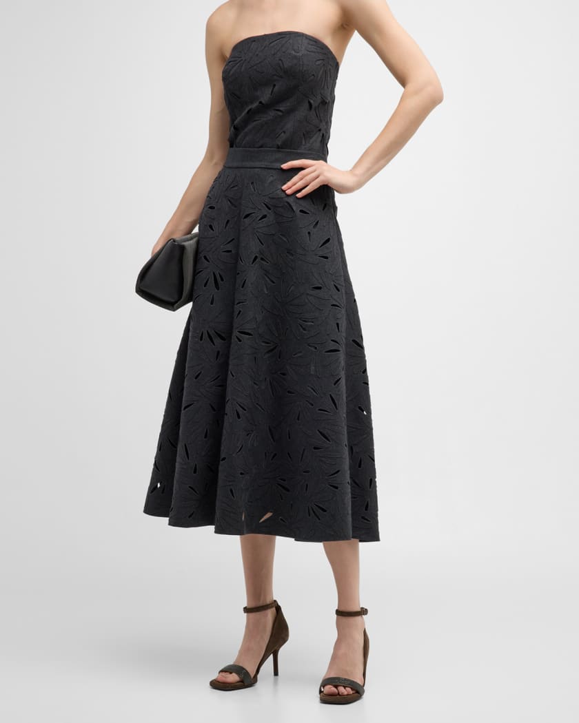 Flannel Wool A-Line Midi Skirt with Laser-Cut Floral Embroidery