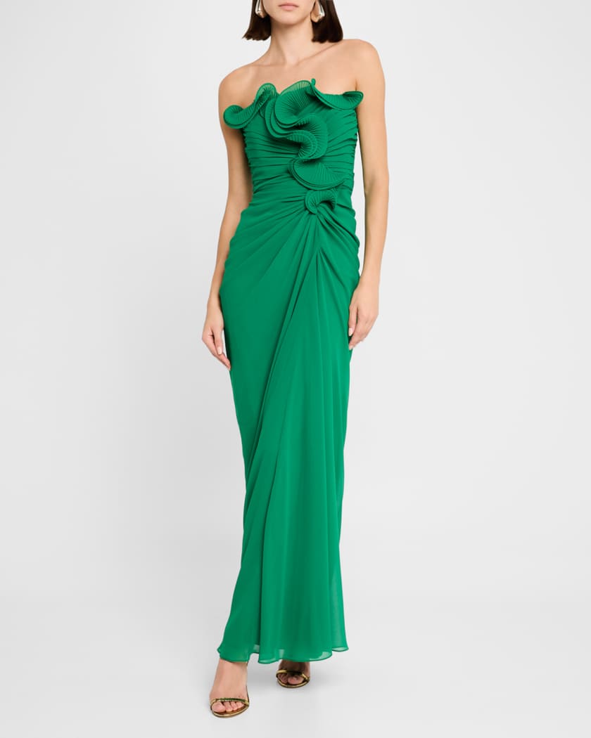 Strapless Pleated Ruffle Column Gown