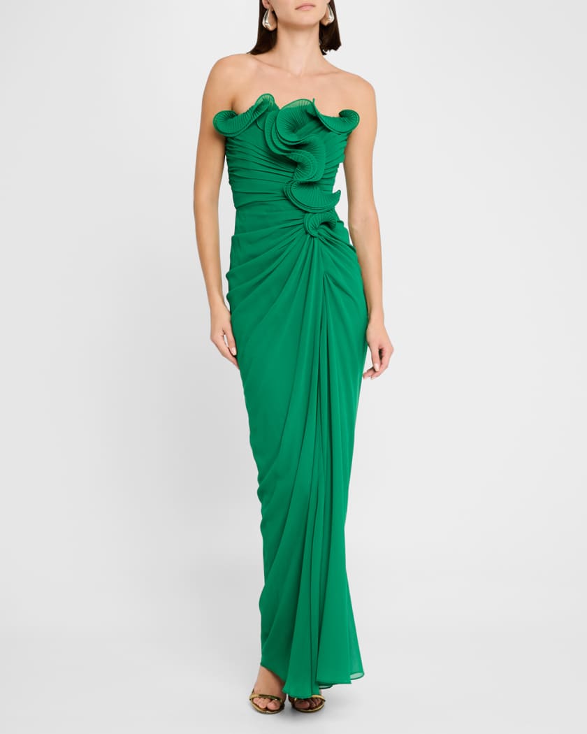 Strapless Pleated Ruffle Column Gown